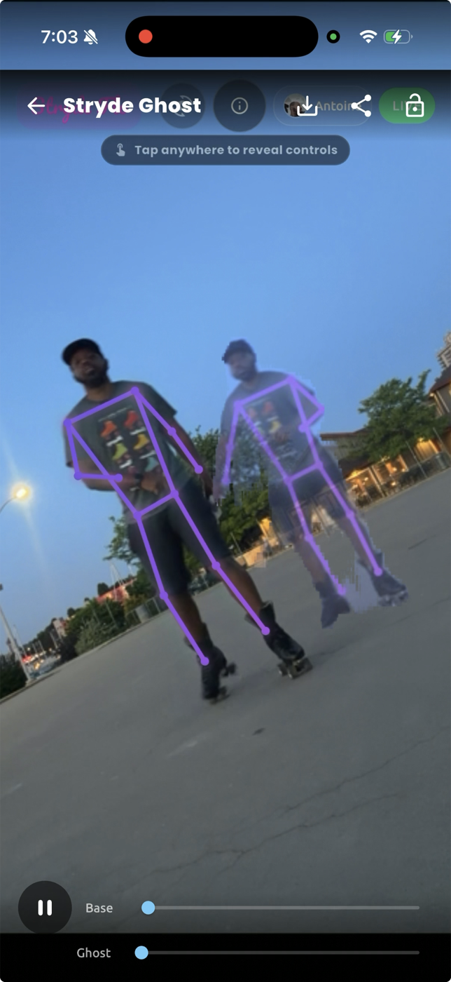 Stryde Ghost replay with a translucent skater reference over live footage.