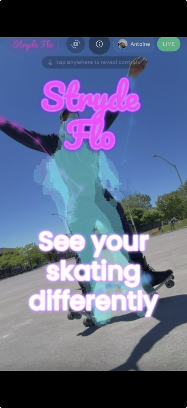 Stryde Flo hero screen showing visual feedback over skating footage.